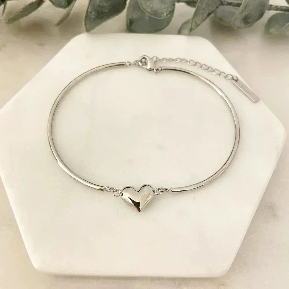925 Sterling Silver Heart Cuff Bracelet Heart Pendant Bangle Bracelet